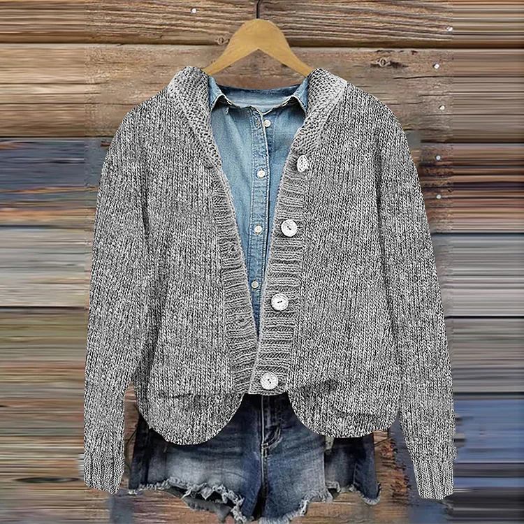 Vintage Solid Button Hooded Knitted Cardigan