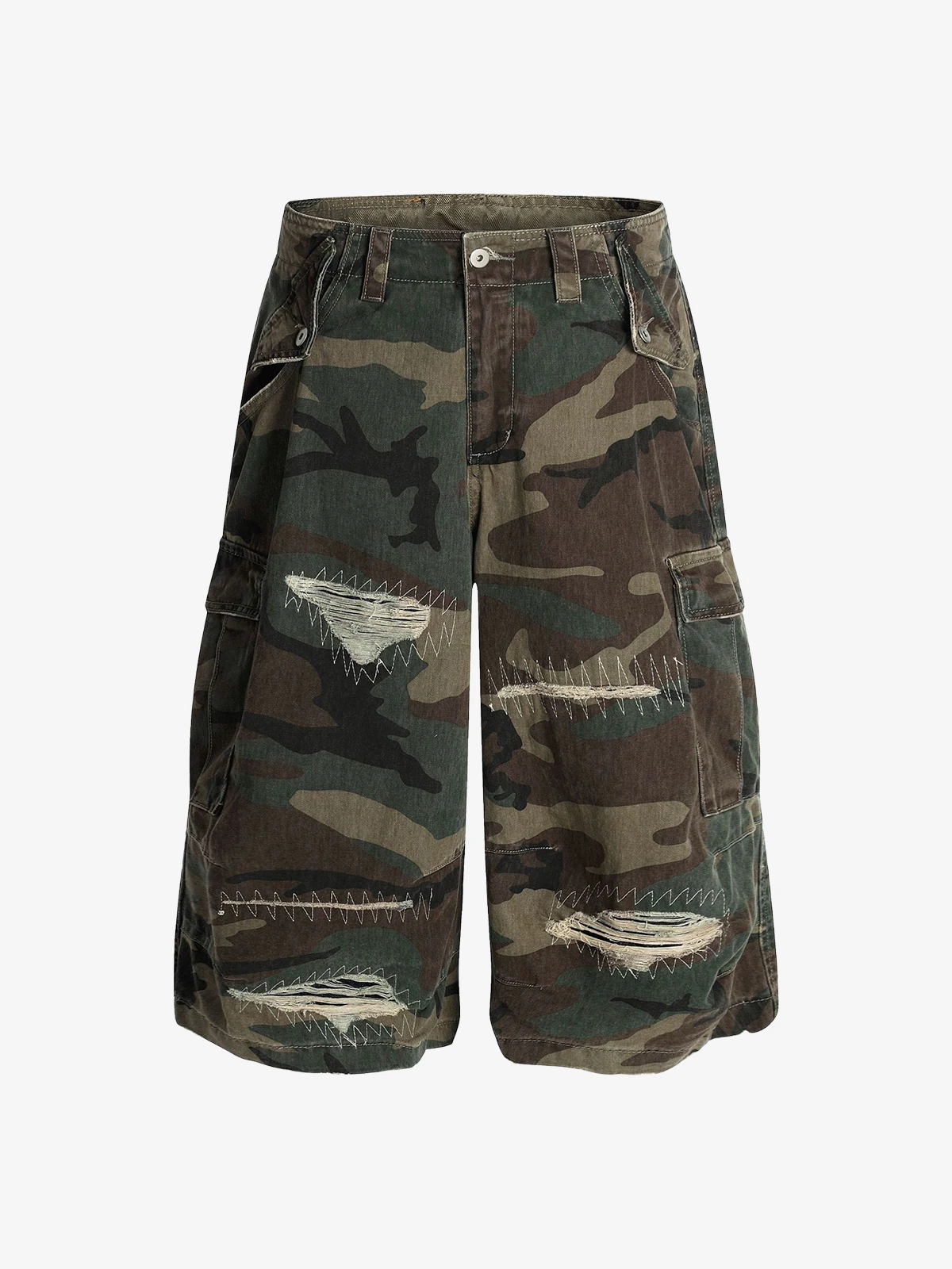Camouflage Act Chic Distressed Patchwork Longline Cargo Shorts Front