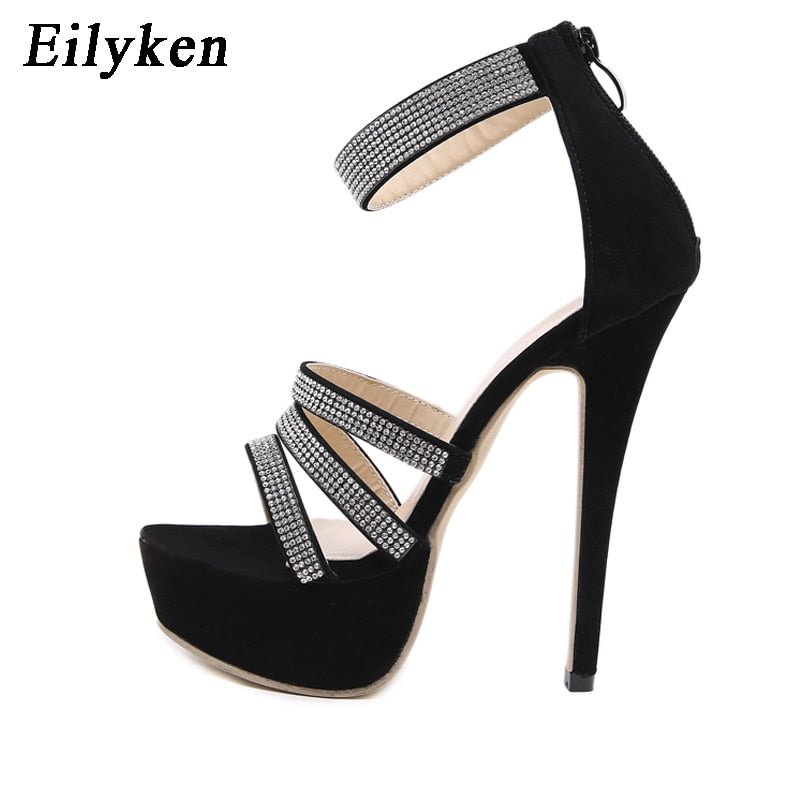 Eilyken Crystal Platform Sandals Women Summer Zip High Heels Shoes Fashion Peep Toe Slides Zapatos Mujer Black Hollow Pumps