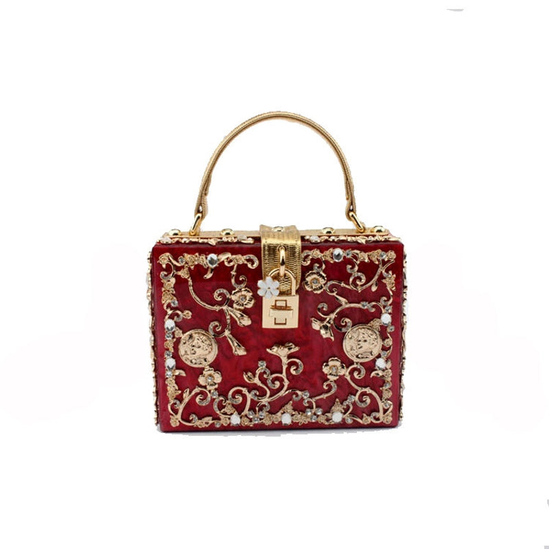 Black White Gold Arylic Flower Hollow Square Evening Bags