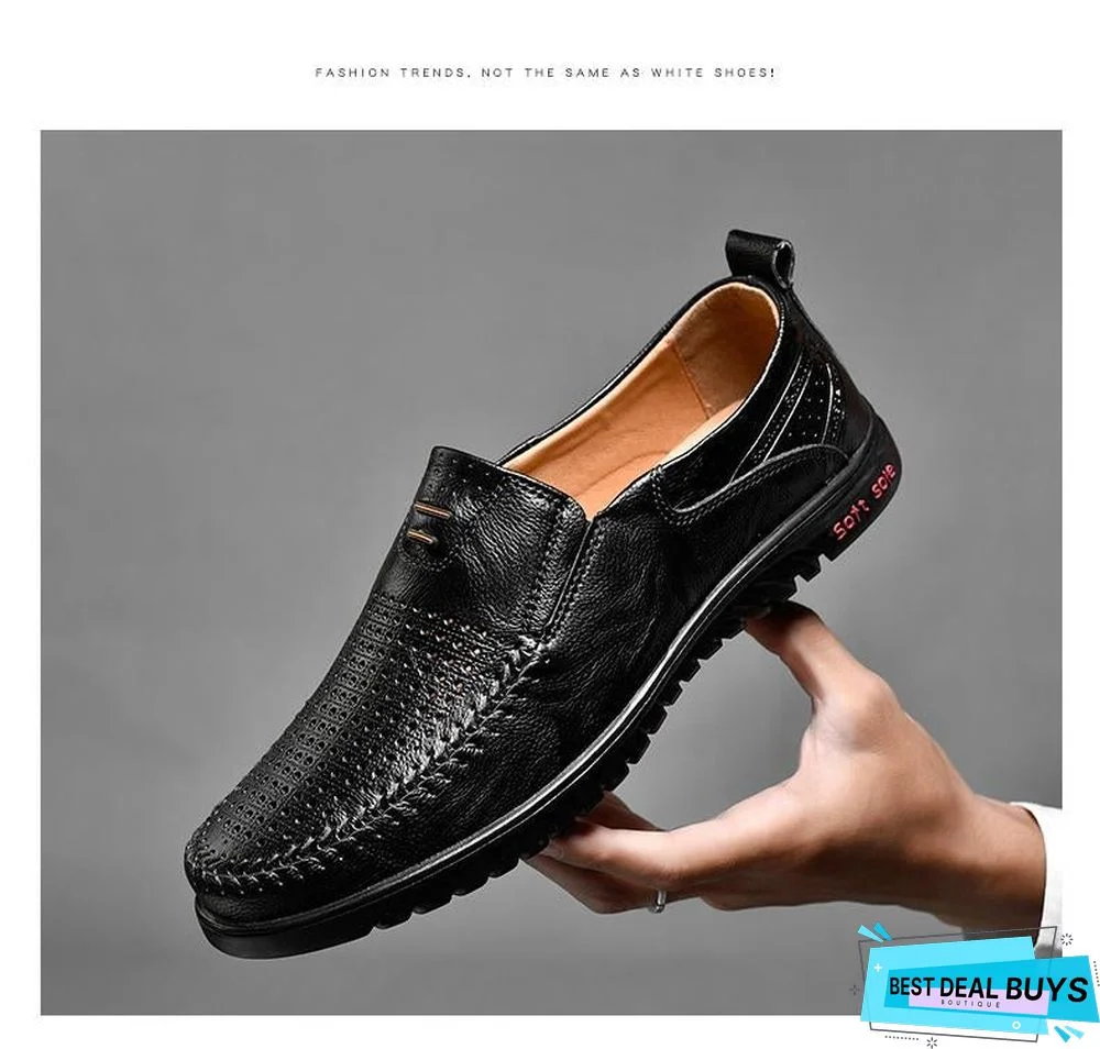 New Openwork Men Black Loafer Perforated Shoes Leather Flats Driving Shoes Business Men's Shoes