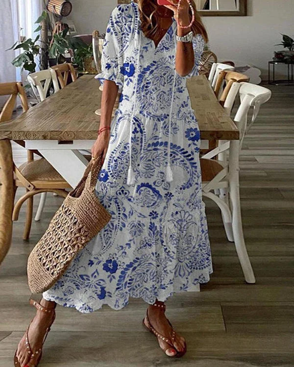 Bohemian V-Neck Print Drawstring Short Sleeve Midi Dress