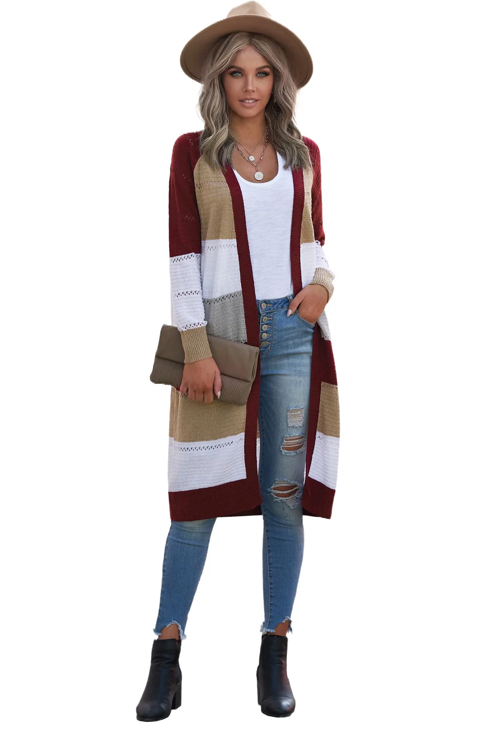 Wine Color Block Eyelet Knitted Lightweight Cardigan