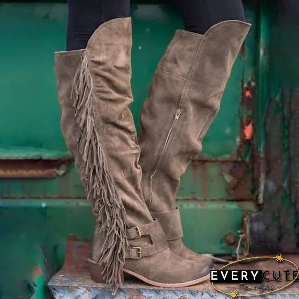 Suede Long Boots Women Over Knee Vintage Botas Chunky Heel Side-zipper Round Toe Tassel