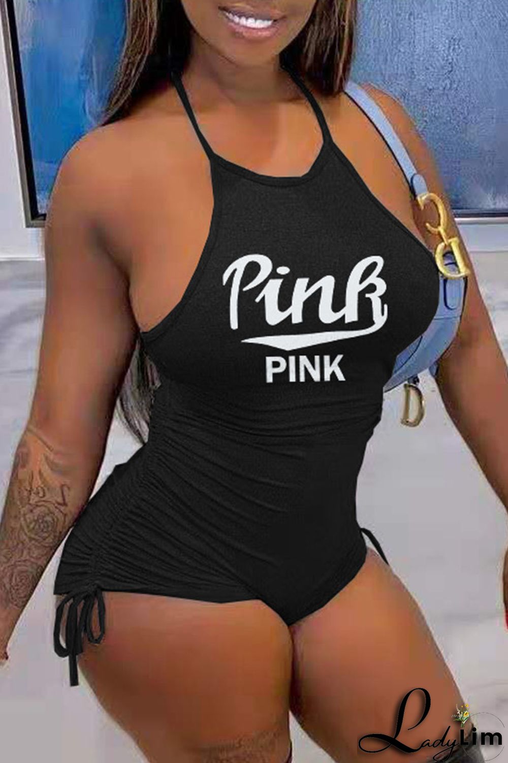 Sky Blue Fashion Casual Letter Print Backless Halter Skinny Romper