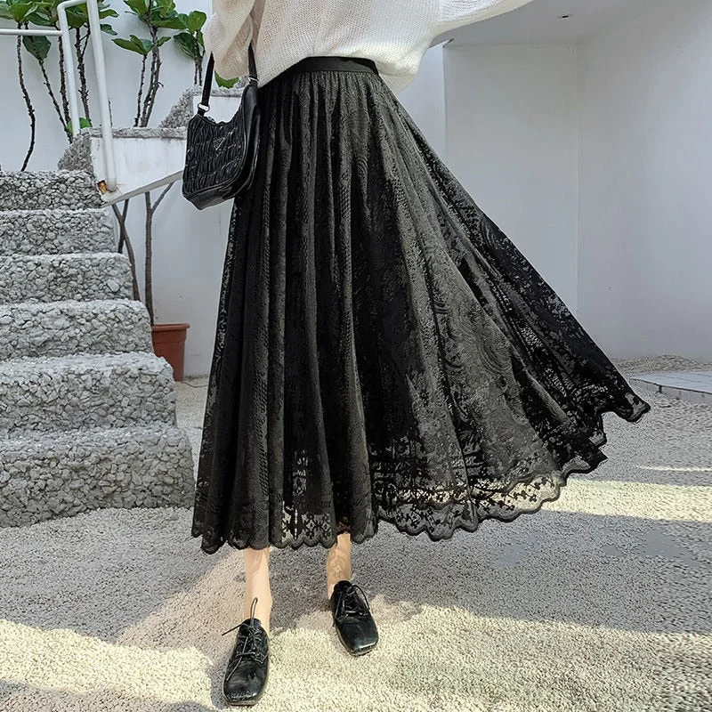 Women Midi Long Lace Skirts Spring Summer Elastic High Waist Female Mesh Pleated Skirt Fairy Streetwear