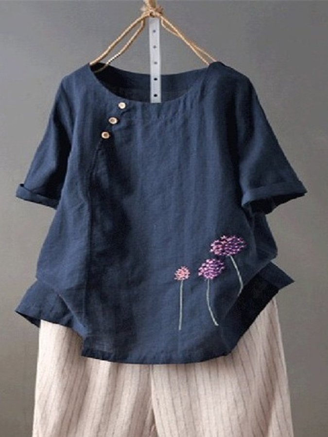 Women's Retro Cotton Linen Embroidery Casual Shirt