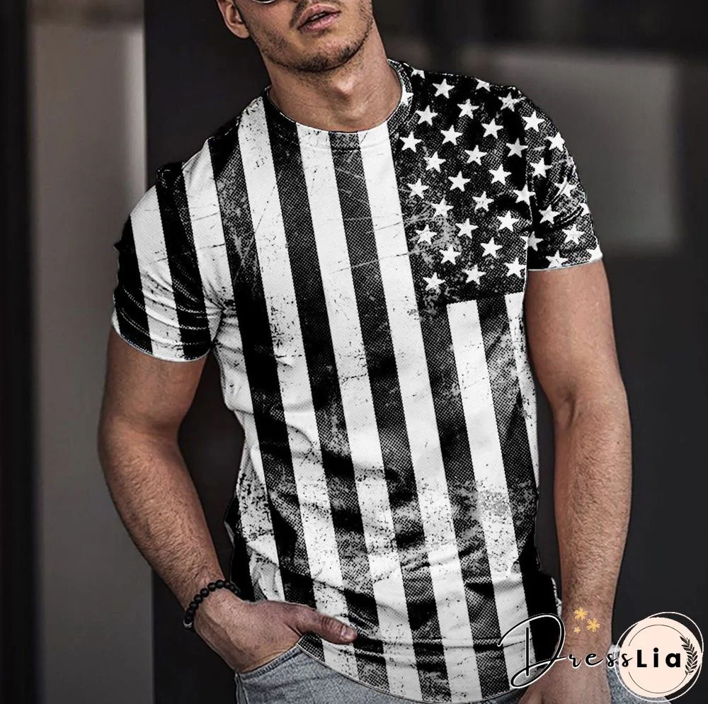 Flag 3D Printed Crew Neck Short Sleeve Street Trend