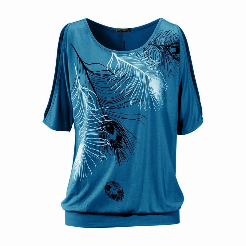 Summer Women Feather Printed T-shirts O- neck Strapless Shirts Off Shoulder Short-sleeved T-shirt Loose Type