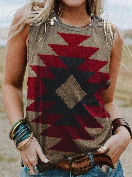 Sleeveless Geometric Vintage Printed Shirts & Tops