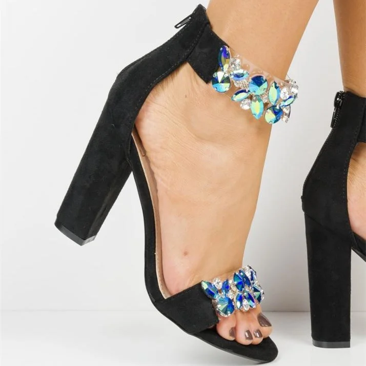 Jeweled Clear Chunky Heel Black Sandals Vdcoo