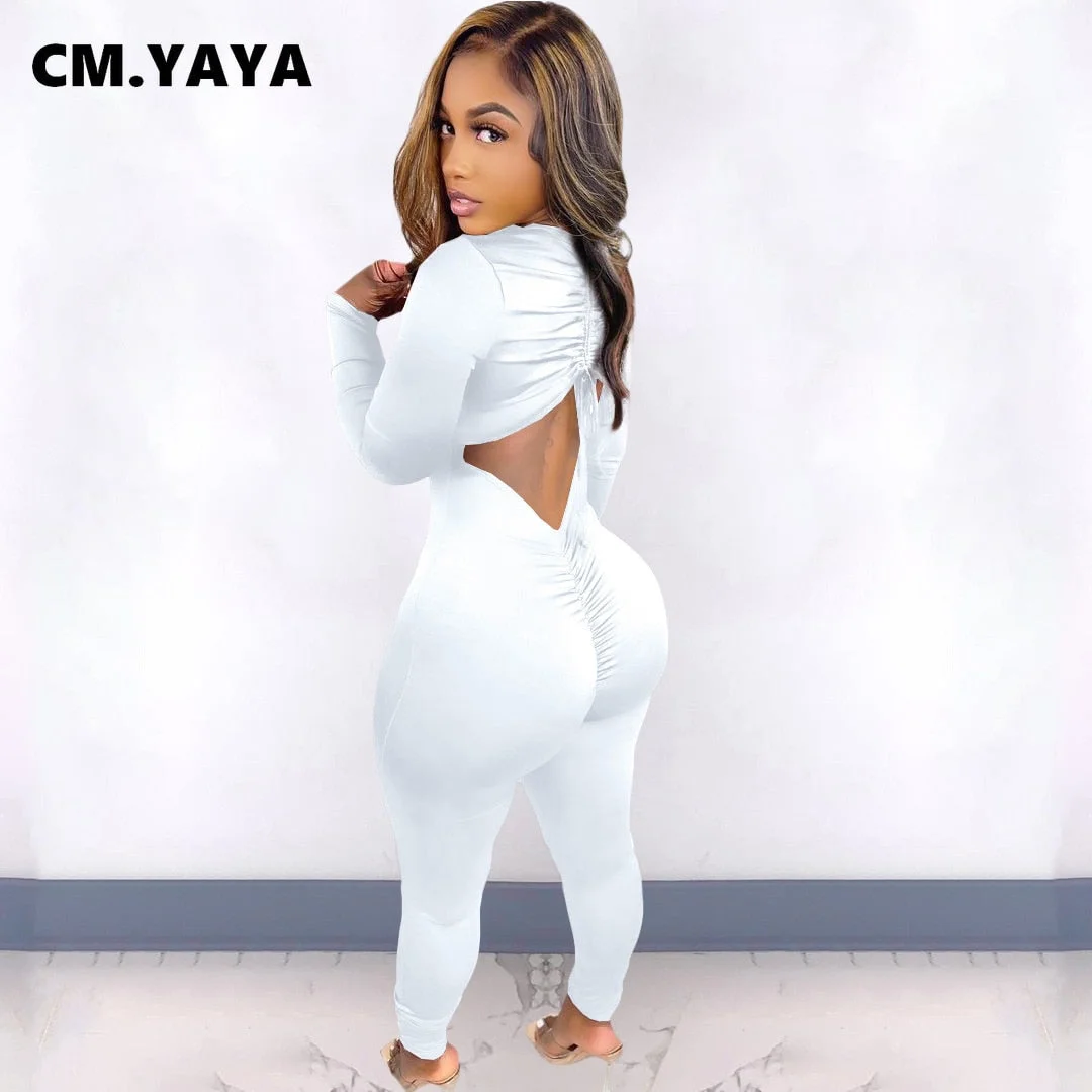 CM.YAYA Women Long Sleeve Ruched Open Back V-neck Jumpsuit Streetwear Sexy Party Solid High Waist One Piece Overall Playsuits