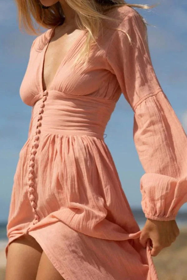 Pink Plunging Button Long Sleeve Maxi Dress