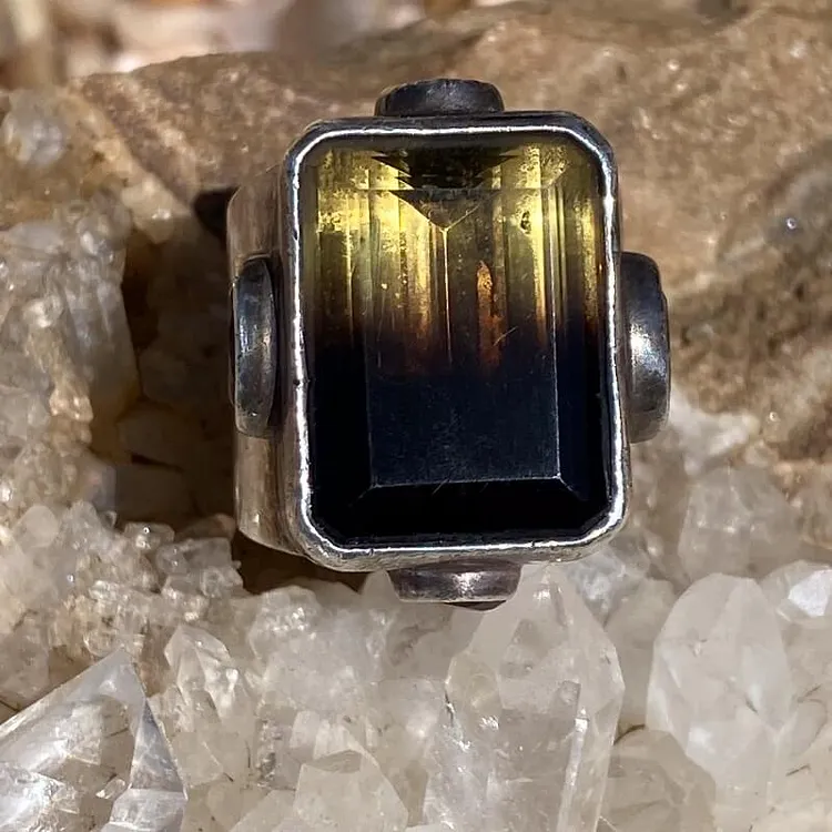 Chunky Sterling Ring with Smoky/Lemon Citrine Topaz and Tourmaline Size 9