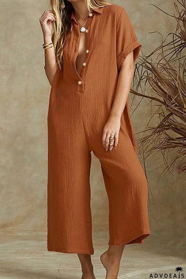 SHORT SLEEVE V NECK JUMPSUIT BUTTON DOWN TURNDOWN COLLAR WIDE LEG JUMPSUIT
