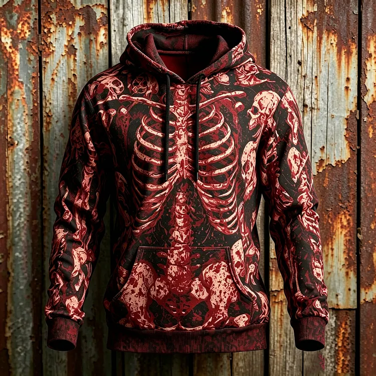 Men's Bloody Halloween Human Skeleton Print Hooded Sweatshirt
