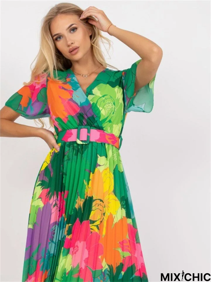 V-Neck High Waist Pleated Print Medium and Long Dress Women's Dress with Belt