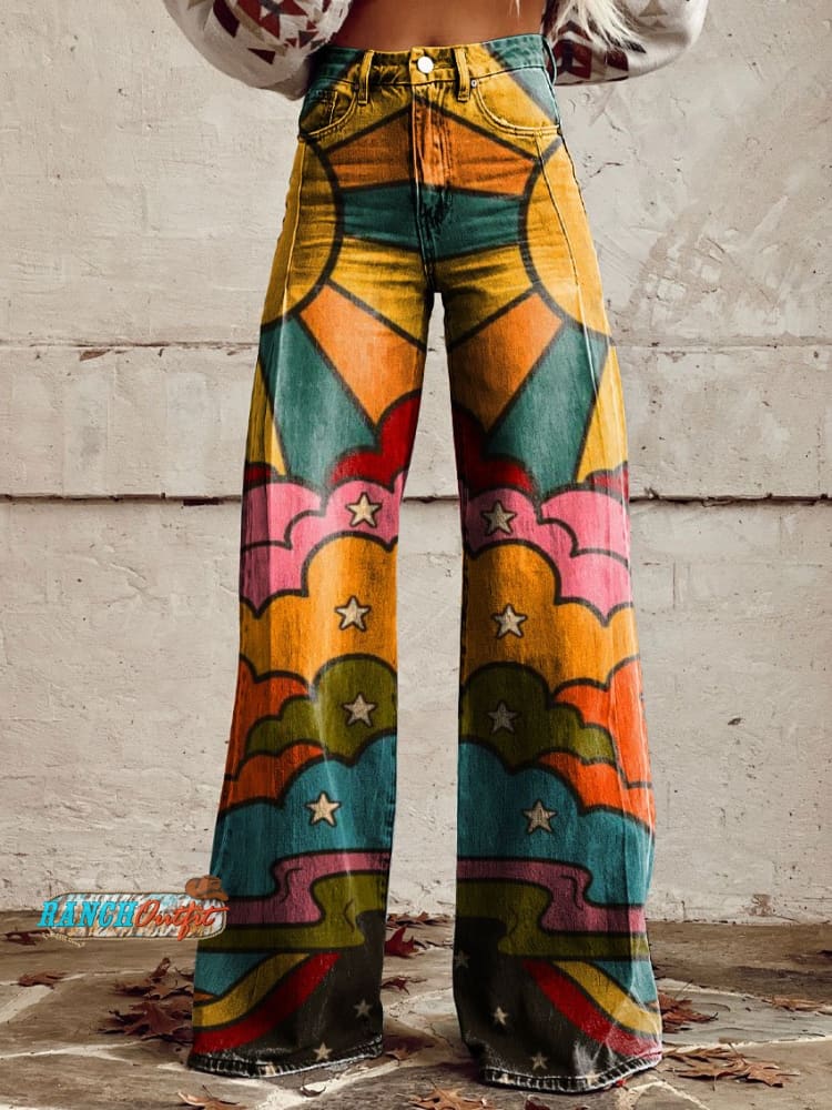Women’s Vintage Print Casual Wide Leg Pants Multicolor / S