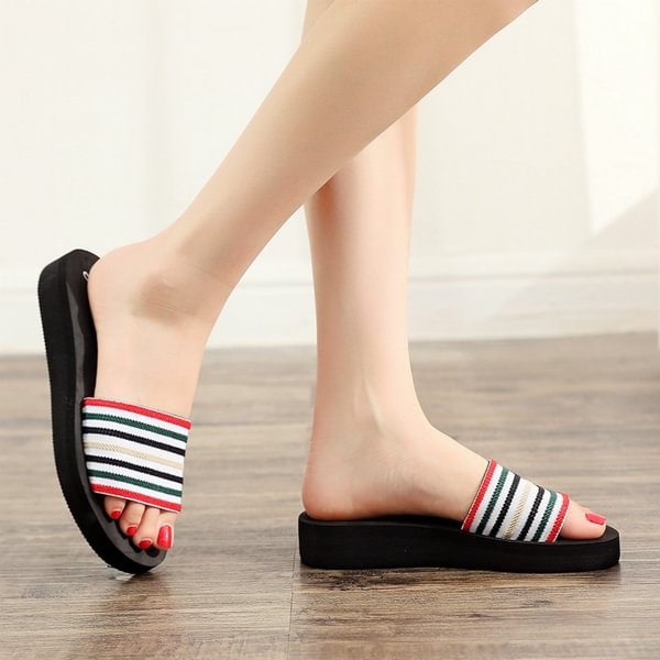 1Pair Fashion Summer Anti-Slip Mid Heel Stripe Beach Slippers For Woman Travel Supplies - Shop Trendy Women's Fashion | TeeYours