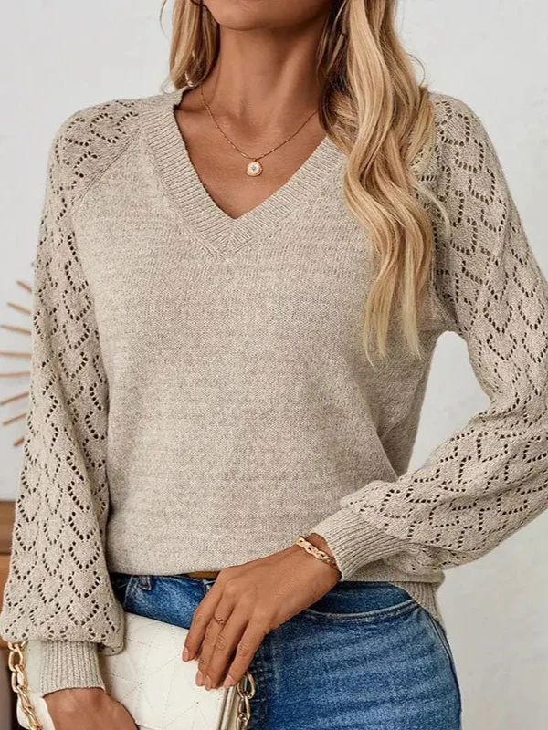 Athvotar Athvotar And Winter Sweater Women's Clothing Solid Color Knitting Long-Sleeved Hooks And Flowers Loose V-Neck Bottom Top