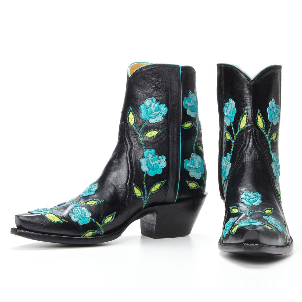 Black & Turquoise Snip Toe Floral Embroidery Western Heeled Booties