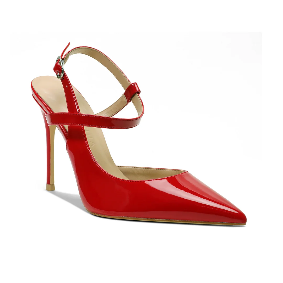 100mm Women Slingback Pumps Ankle Strap Jenlove Stiletto Mid Heel Close Pointed Toe Dress Shoes-MERUMOTE