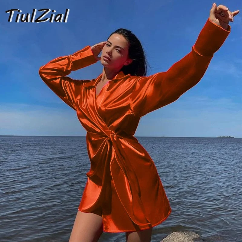 Green Long Sleeve Mini Satin Dress Nothed Lace Up Bandage Wrap Summer Dress High Waist Casual Shirt Dresses Women Blue