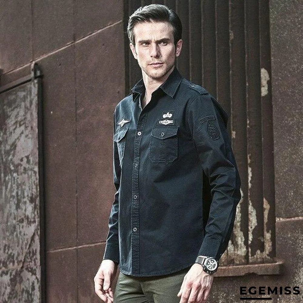 Men Military Style Tactical Shirts Cargo Tops Air Force Cardigan Long Sleeve Plus Size Shirt | EGEMISS