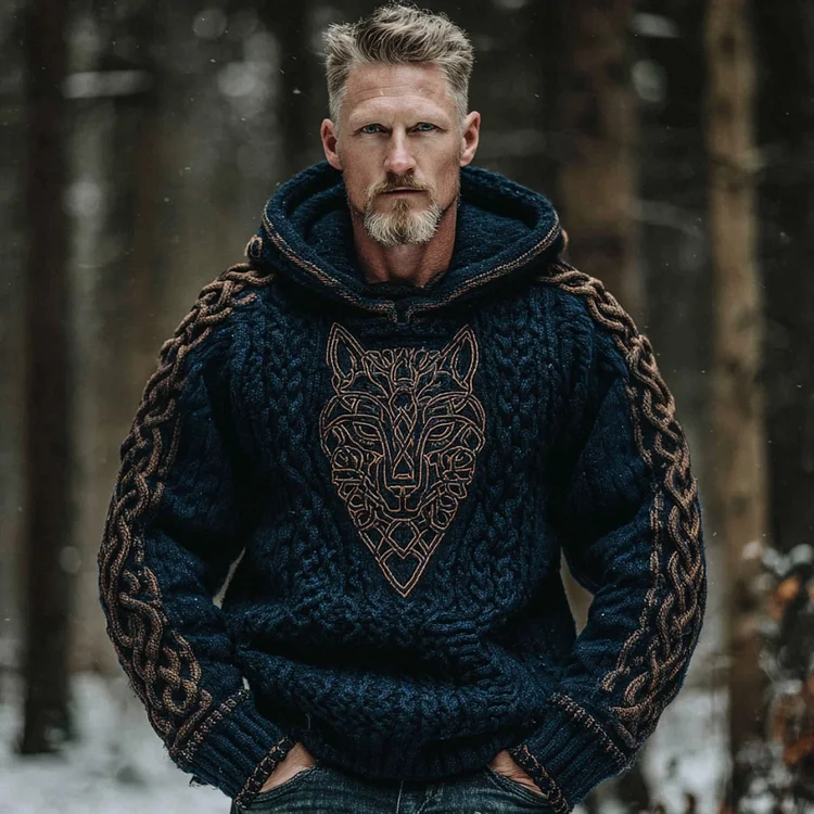 Men's Vintage Viking Wolf Celtic Art Jacquard Chunky Knitted Cozy Hooded Sweater