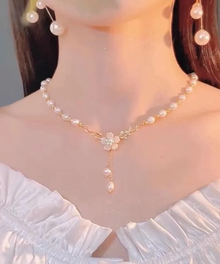 Elegant White Sterling Silver Overgild Floral Tassel Pendant Necklace