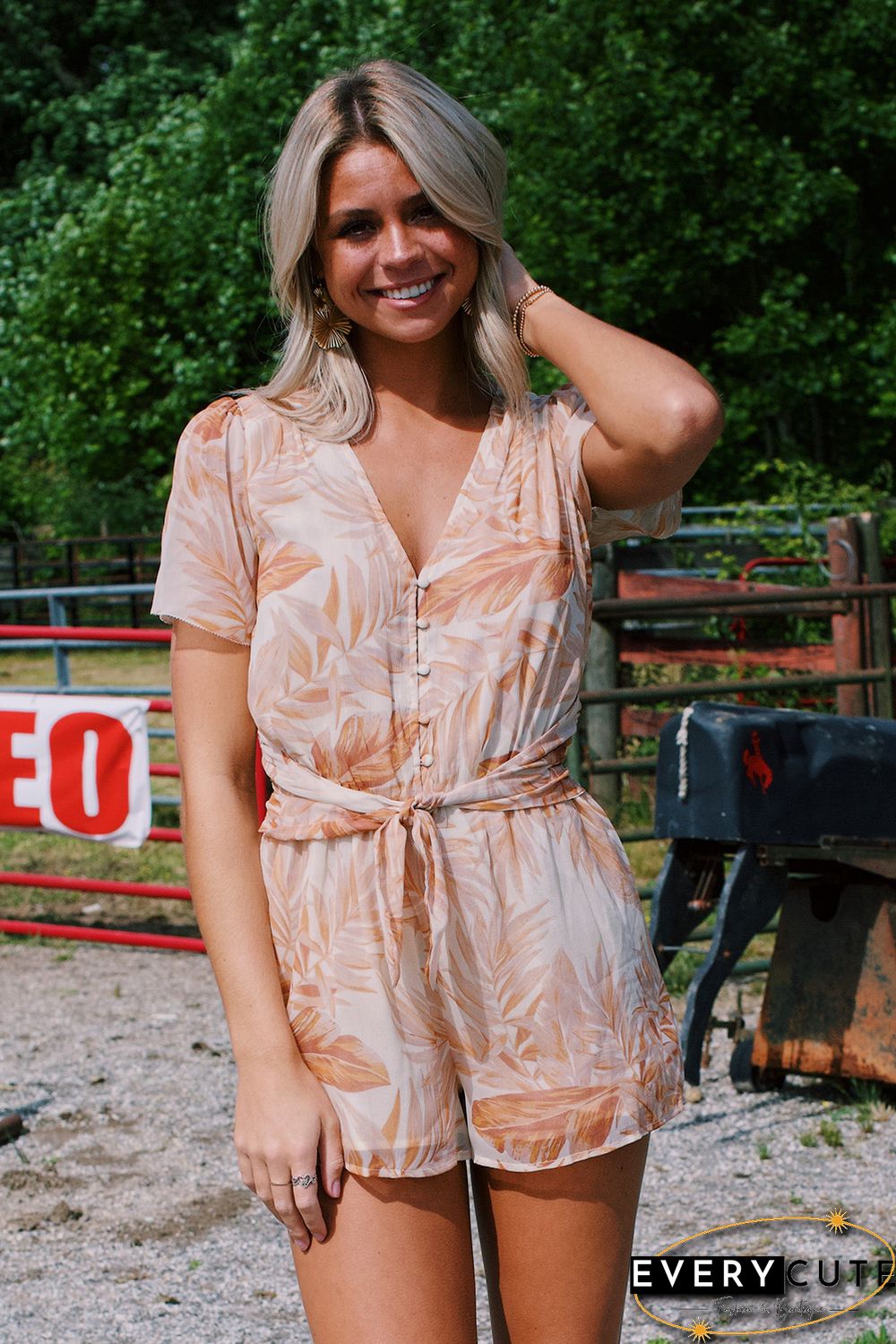 Khaki Tropical Leaf Print Button Belted Chiffon Romper