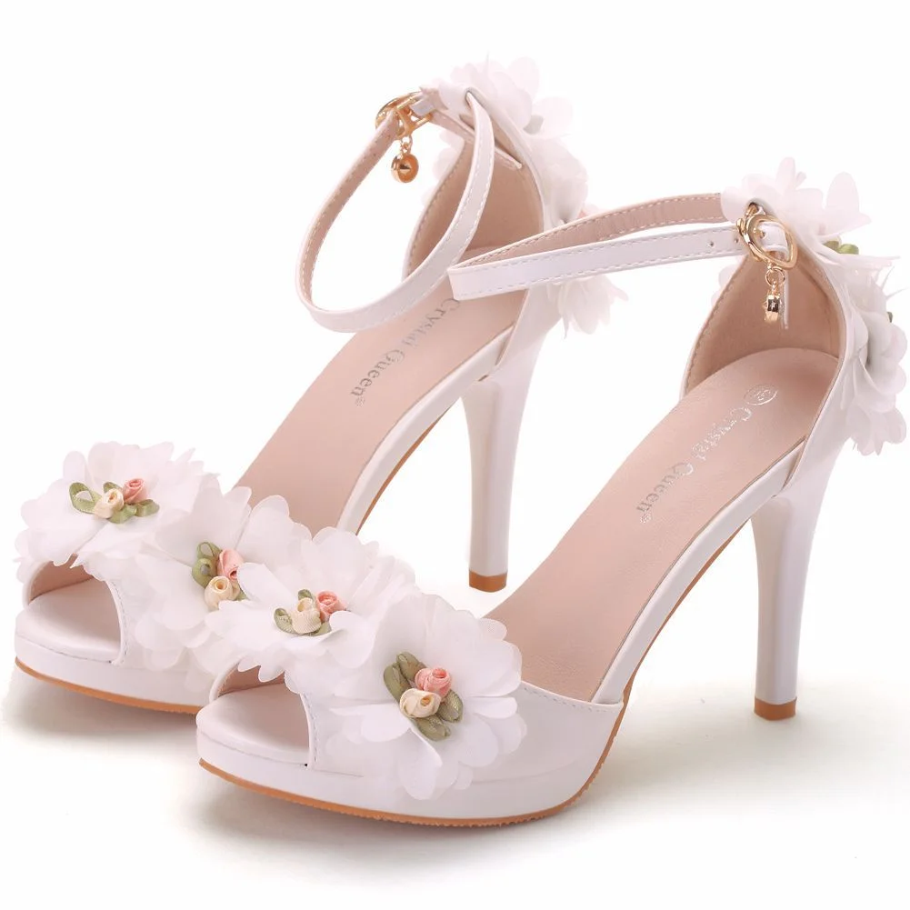 Breakj Breakj Summer New High Heel Fish Mouth Women's White Flower Sandals One-Word Buckle With Casual Wedding Women's Shoes