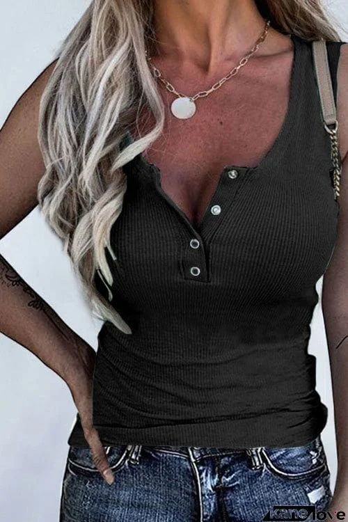 Chic Solid Sleeveless Buttons Slim Vest Top