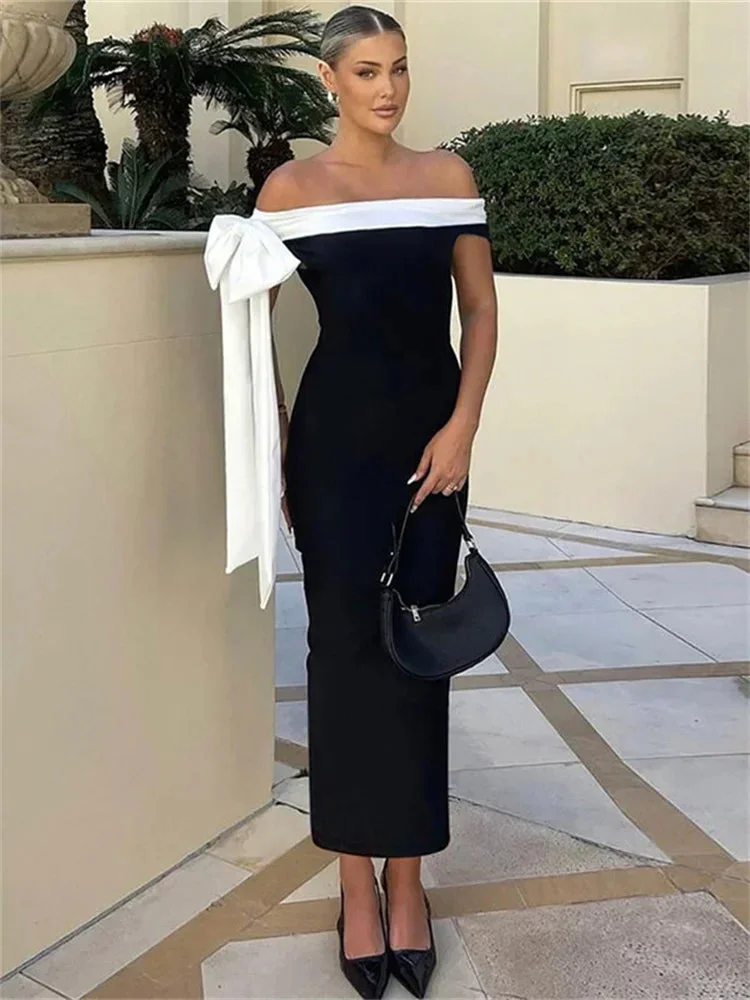 Toloer Black Off-shoulder Tie Up Midi Dress-Outfit Ideas
