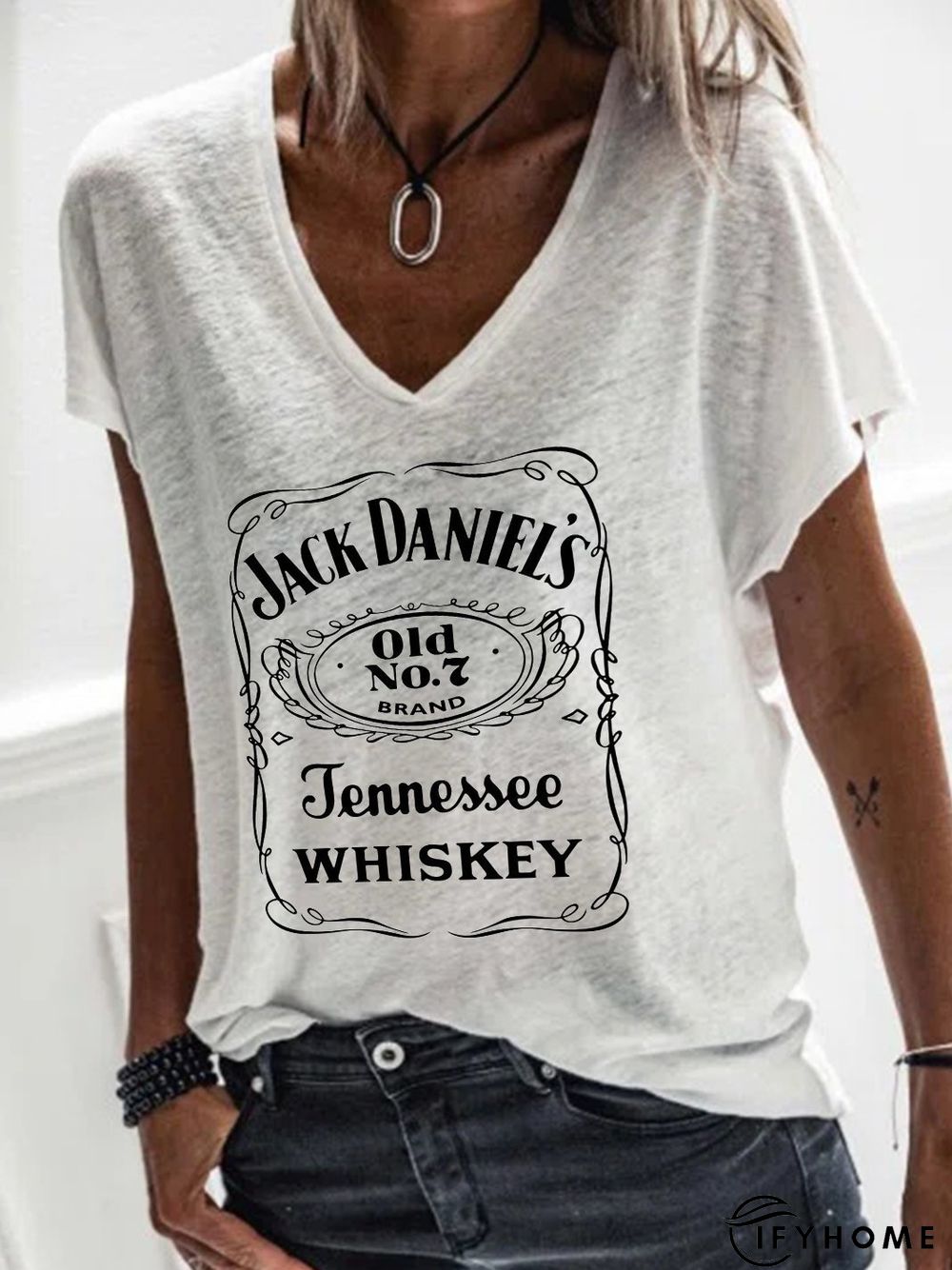 V Neck Short Sleeve Casual Letter T-shirt | IFYHOME