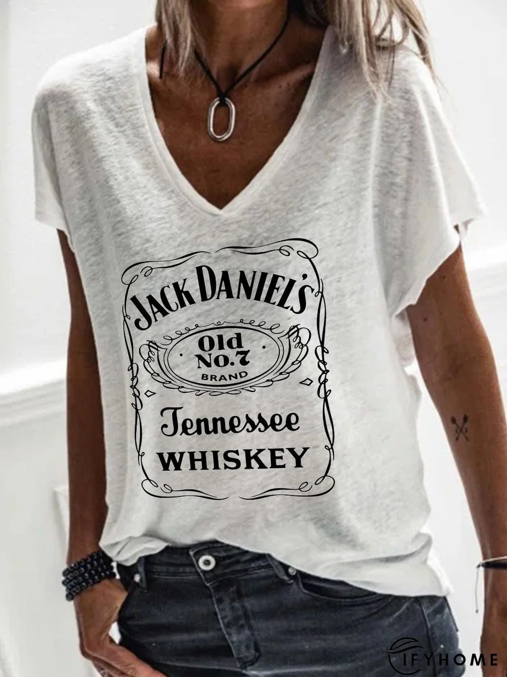 V Neck Short Sleeve Casual Letter T-shirt | IFYHOME