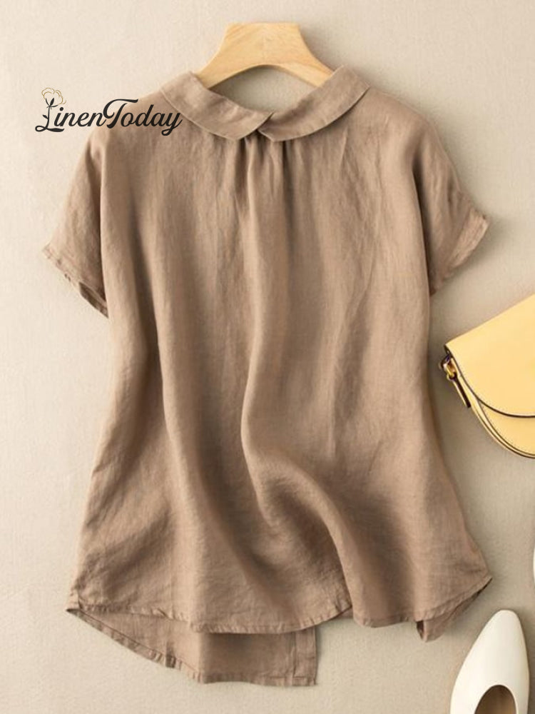 Cotton Linen Solid Color Casual Top Khaki / S