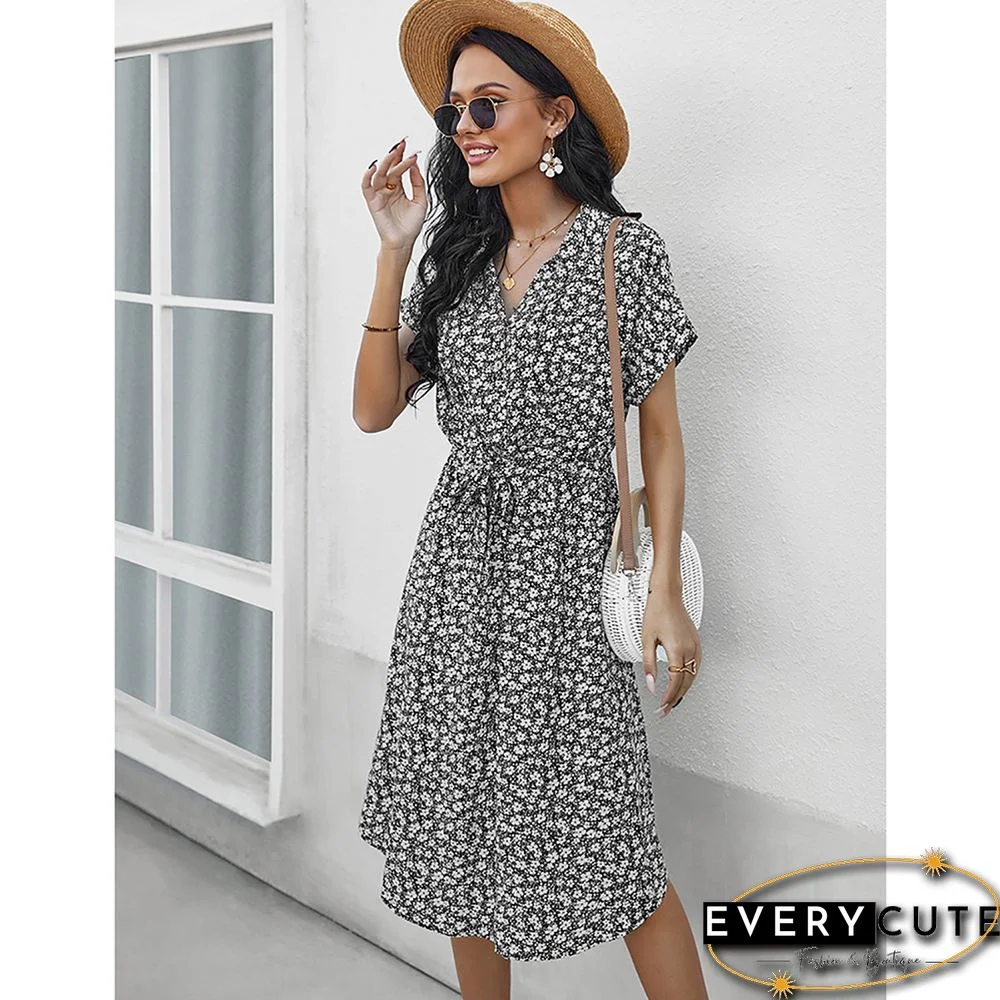 Black Floral Print Button Shirt Dress with Belt