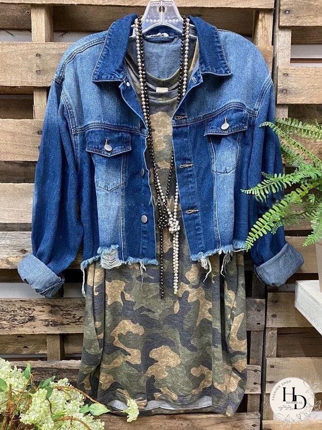 Blue Casual Denim Shirt Collar Outerwear for Women