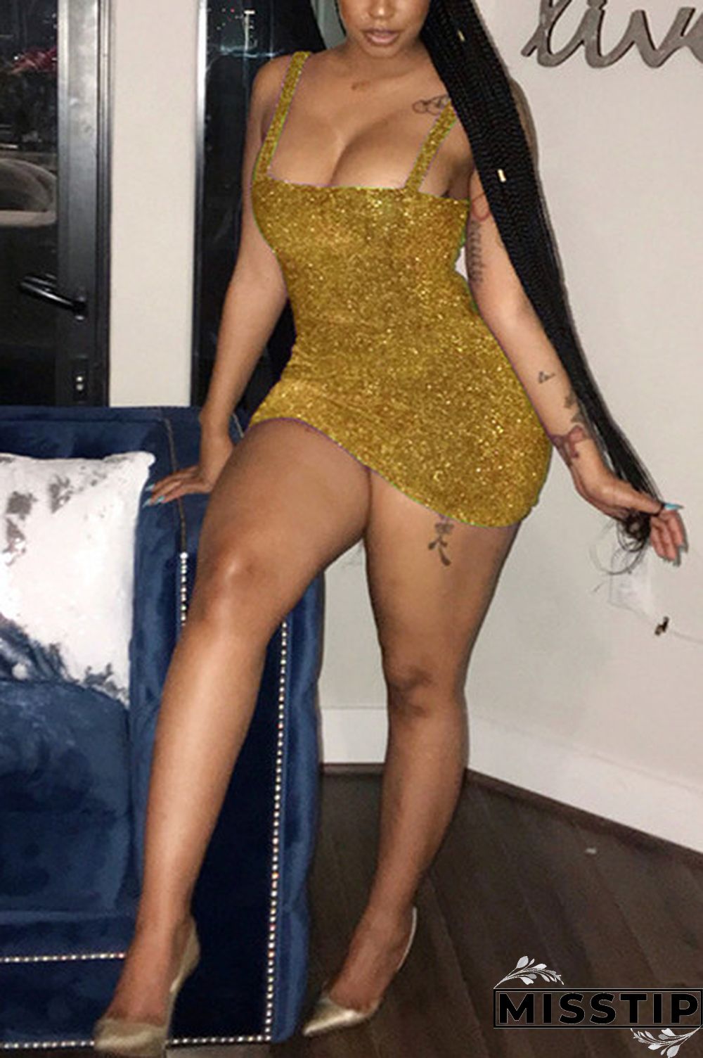 Gold Fashion Sexy Spaghetti Straps Womens Clothing Solid Backless Sequin Club Dress