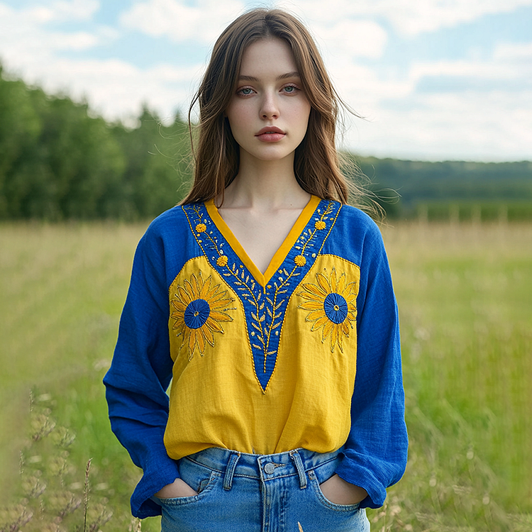 Lunivibe Ukraine Sunflower Embroidery Contrasting Colors Art Blend Linen V Neck Loose Blouse