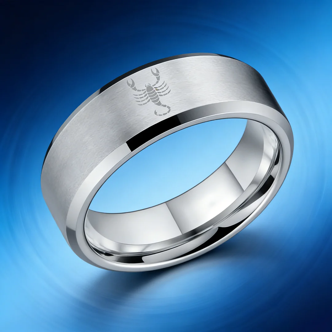 Beveled Edges Sliver Laser Etched Couple Tungsten Carbide Rings Sliver Scorpio Tungsten Wedding Band 4MM 6MM 8MM