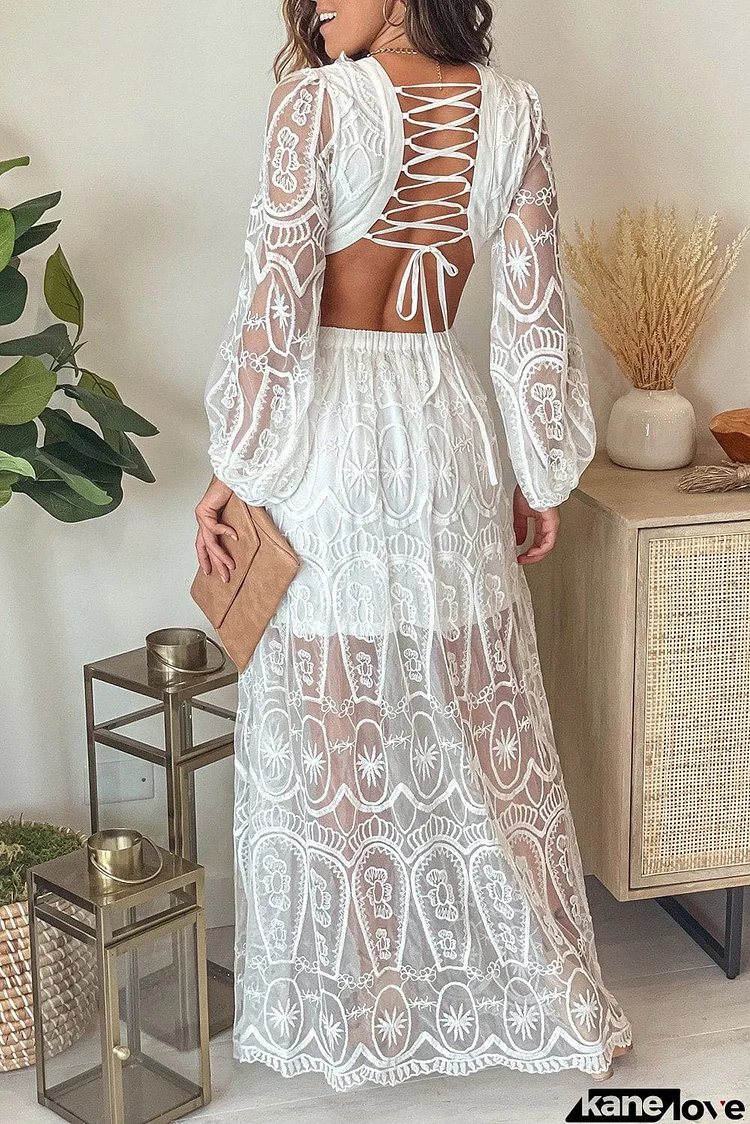 Cut out Lace Bubble Sleeve Maxi Dress