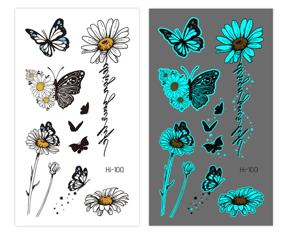 Sdrawing Luminous Glowing In Dark Tattoo Stickers Butterfly Daisy Flower Music Night Club Party Temporary Tattoos Shiny Body Art