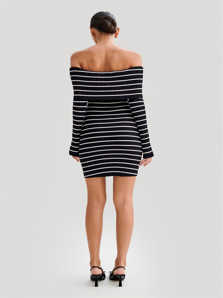 Ootddress Striped Knit Sweater Mini Dress For Women Bandeau Backless Elegant Fashion Summer Contrast Party Dress Knitwear Mini Dress