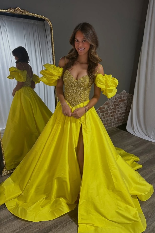 Ovlias Yellow Off-Shoulders Prom Dress Floor Length Split with Applique JQ0089