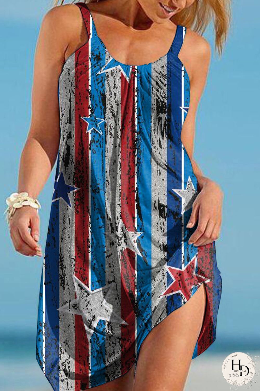 White Red Fashion Casual Print Basic O Neck Vest Dress