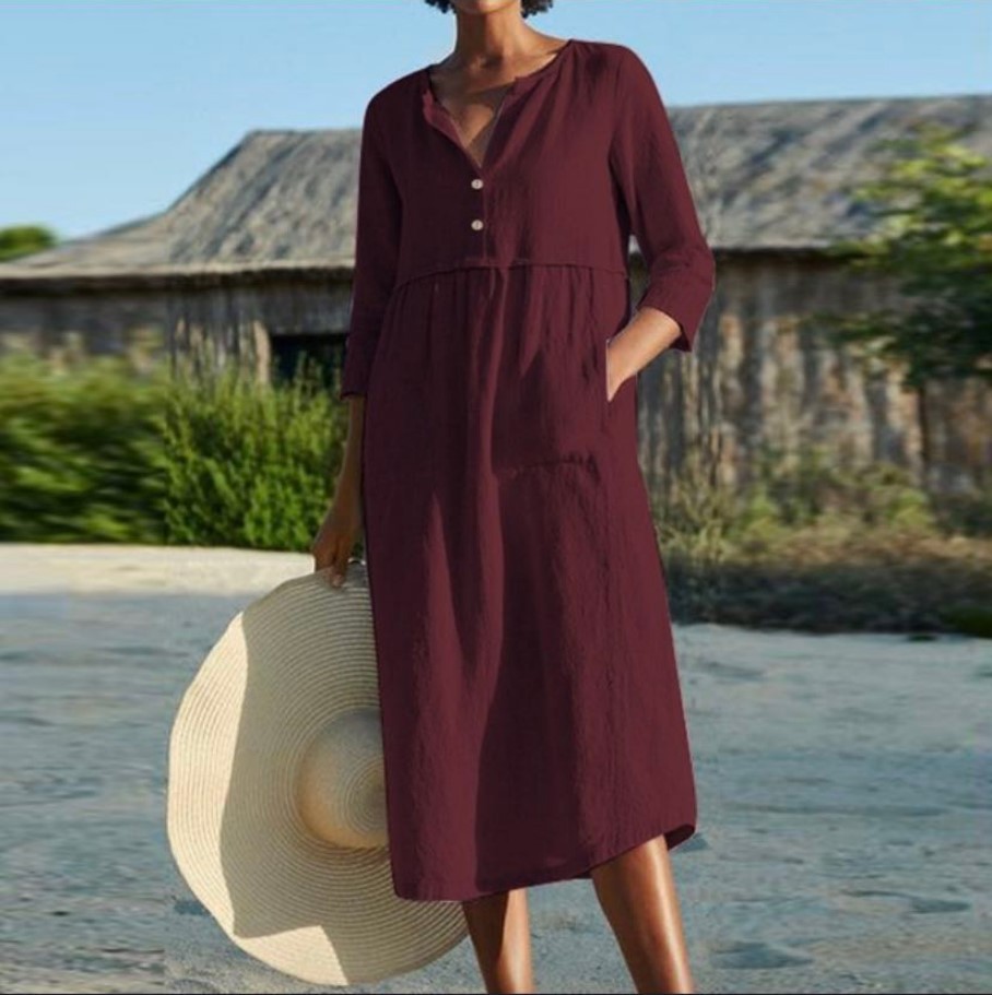 Hubecwheels Spring Summer Women's New Casual Cotton Round Neck Button Pocket Cotton Linen Mid Sleeve Solid Color Dress