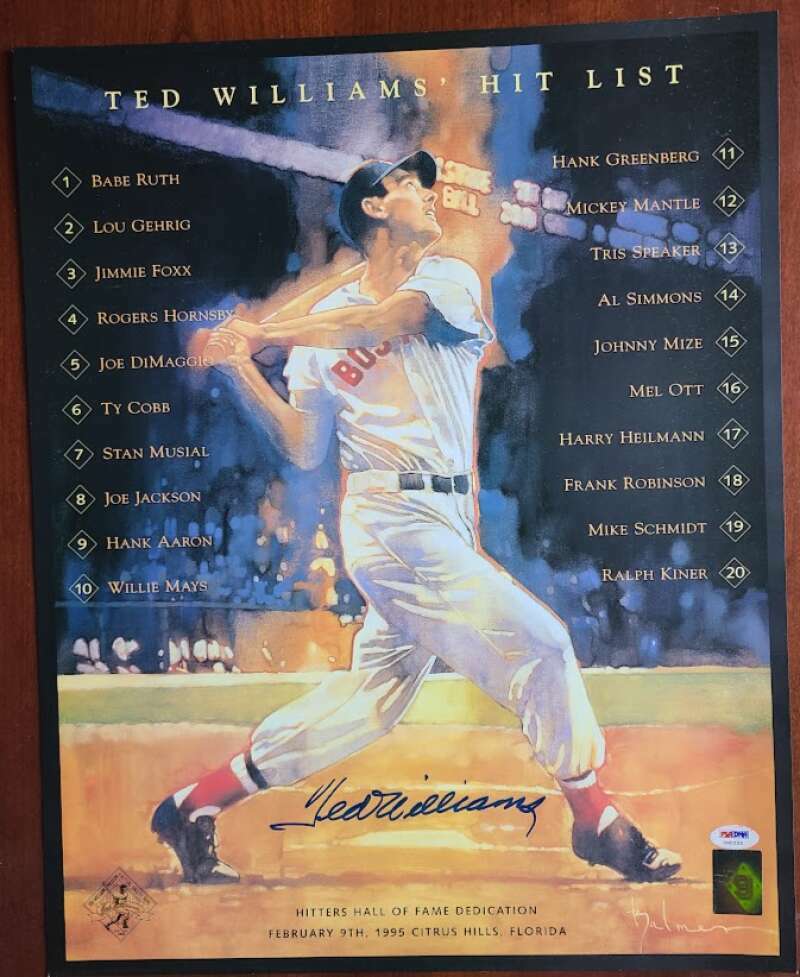 Ted Williams PSA DNA Loa Green Diamond Signed 16x20 Photo Poster painting Hit List Autograph