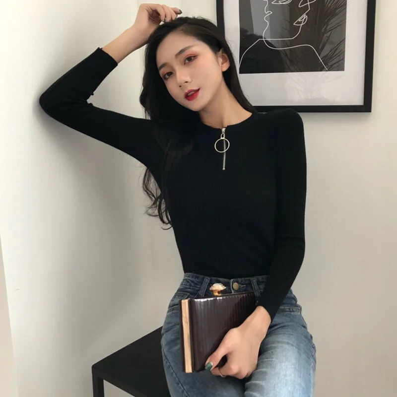 Zipper Half Sexy O-neck Sweater Women Solid Slim Autumn Winter Clothes 2021 Sueter Mujer Basic Fashion Pullovers warm soft tops
